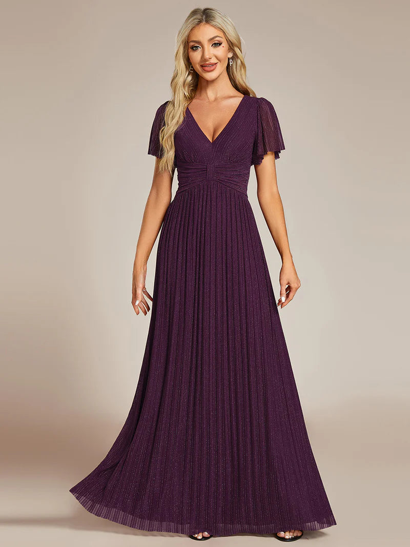 Glittery purple wisteria evening dress with V-neck, mesh fabric, and bowknot waist