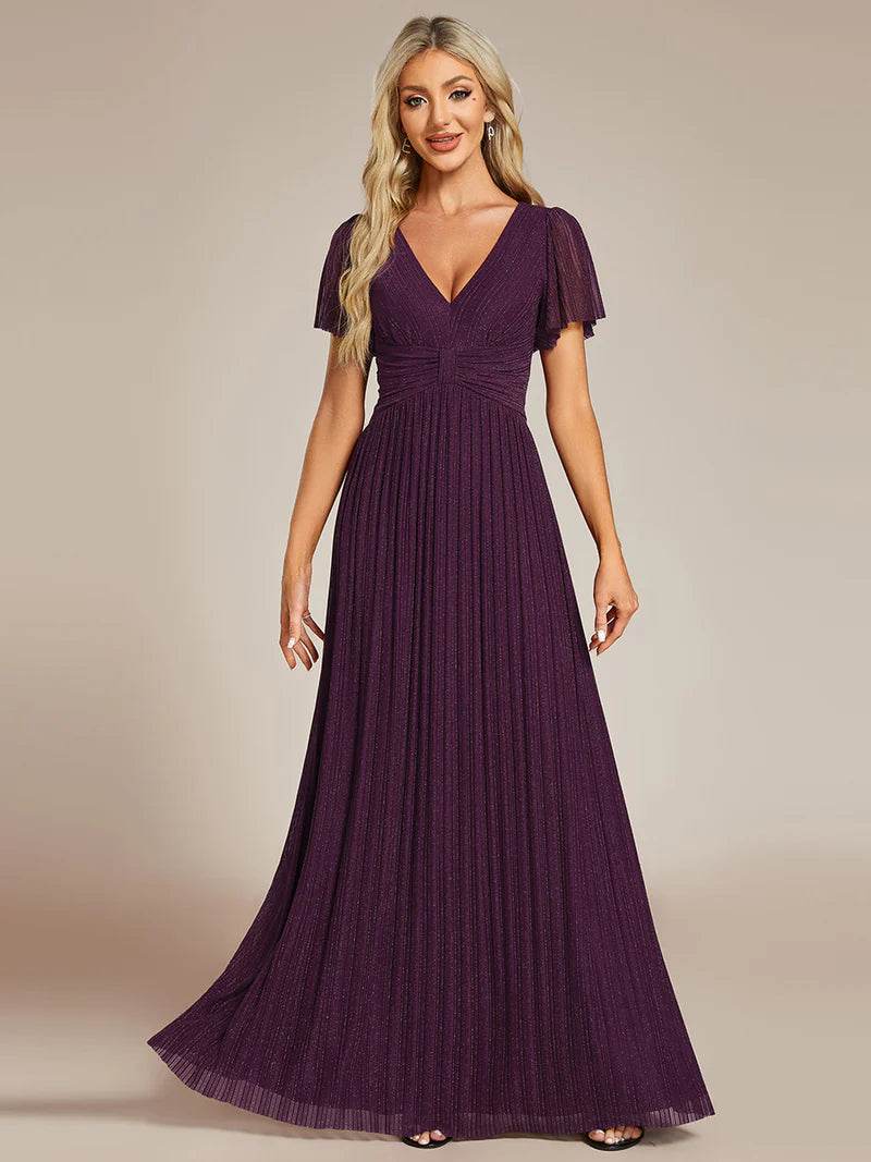 Glittery V-Neck Mesh Evening Dress with Bowknot Waist – Elegant Party Gown - Biamonde
