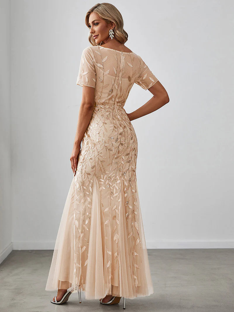 Gold women’s floral sequin fishtail party dress with tulle skirt and elegant mermaid silhouette