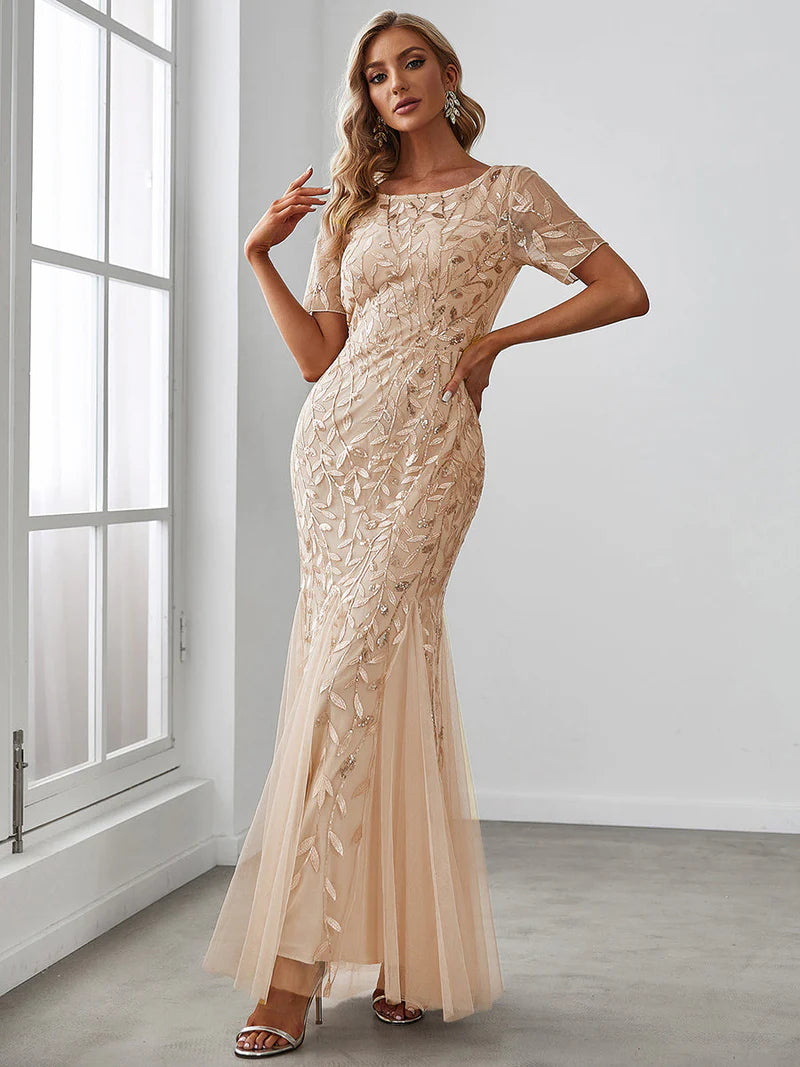 Gold women’s floral sequin fishtail party dress with tulle skirt and elegant mermaid silhouette