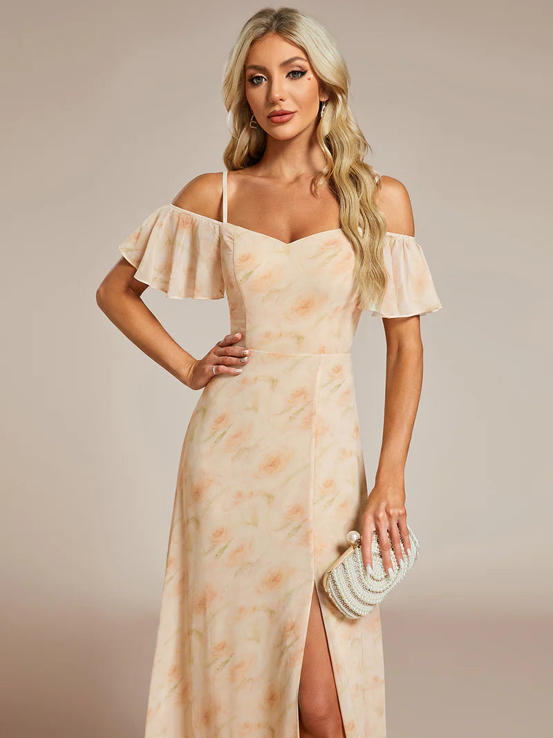 Golden rose Chiffon bridesmaid dress with high side slit and delicate spaghetti straps