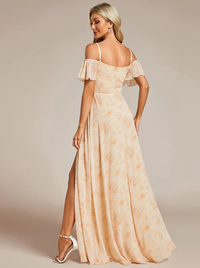 Golden rose Chiffon bridesmaid dress with high side slit and delicate spaghetti straps
