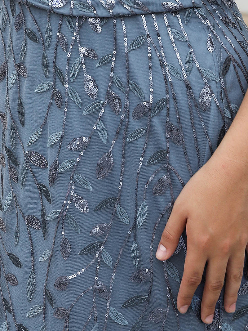 Gorgeous V-neck fishtail party dusty blue dress with shimmering leaf sequin embellishments