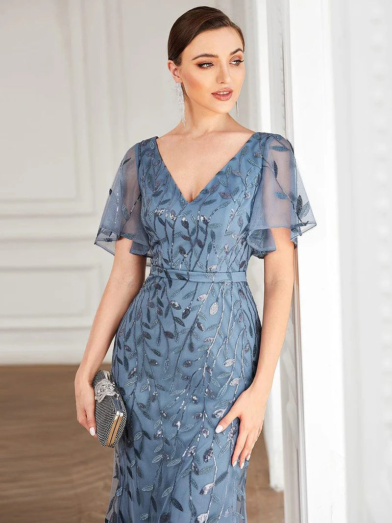 Gorgeous V-neck fishtail party dusty blue dress with shimmering leaf sequin embellishments