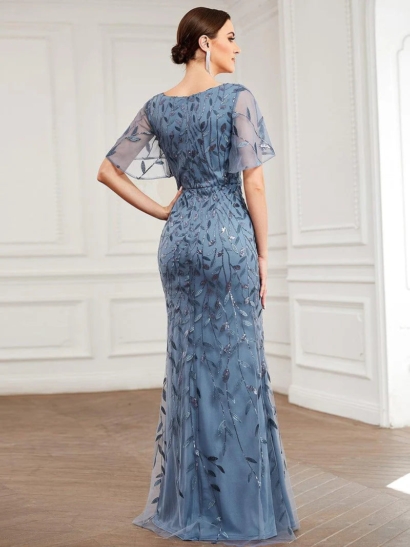 Gorgeous V-neck fishtail party dusty blue dress with shimmering leaf sequin embellishments