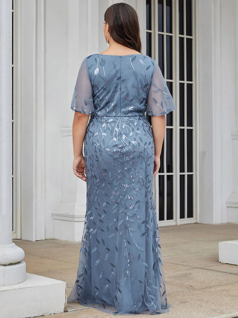 Gorgeous V-neck fishtail party dusty blue dress with shimmering leaf sequin embellishments