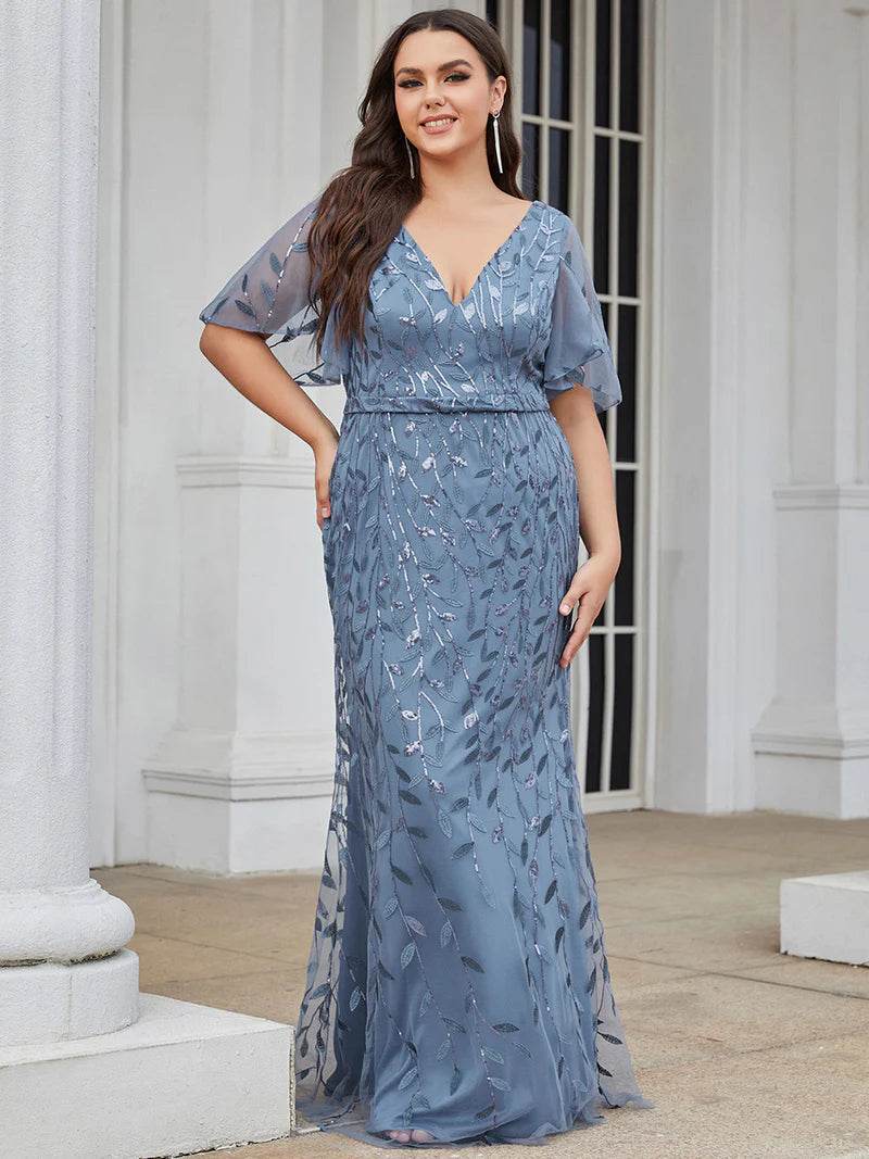 Gorgeous V-Neck Fishtail Party Dress with Leaf Sequin Embellishment - Biamonde