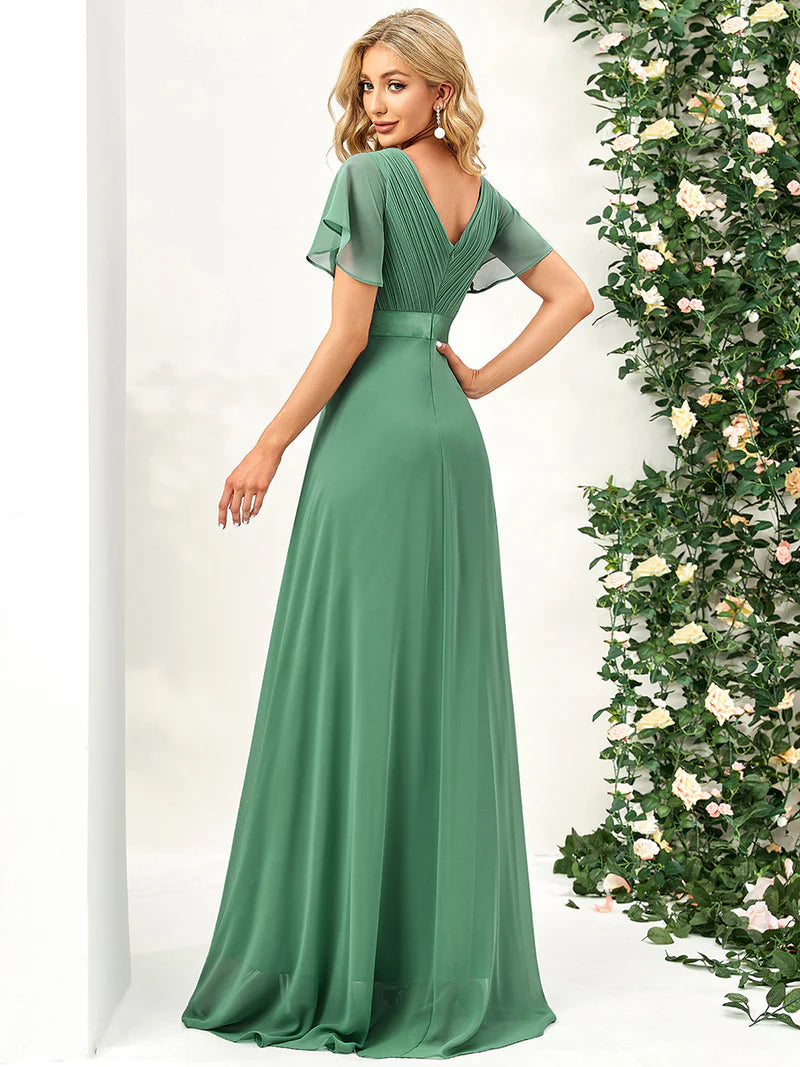 Green bean glamorous evening gown with double V-neckline, ruffle detailing, and padded bodice