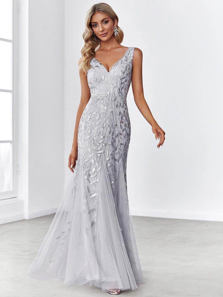 Women's Double V-Neck Fishtail Evening Dress – Sequin Glamour Gown - Biamonde