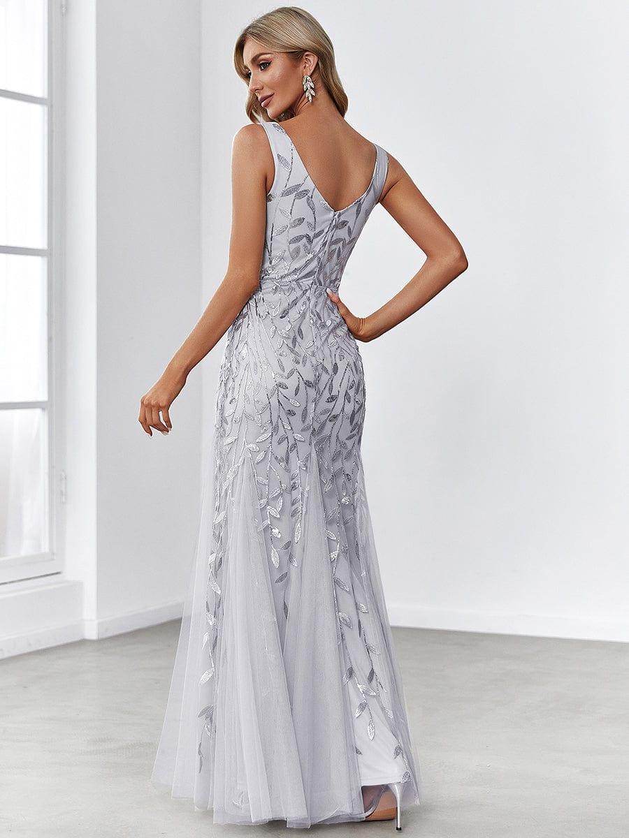 Women's Double V-Neck Fishtail Evening Dress – Sequin Glamour Gown - Biamonde