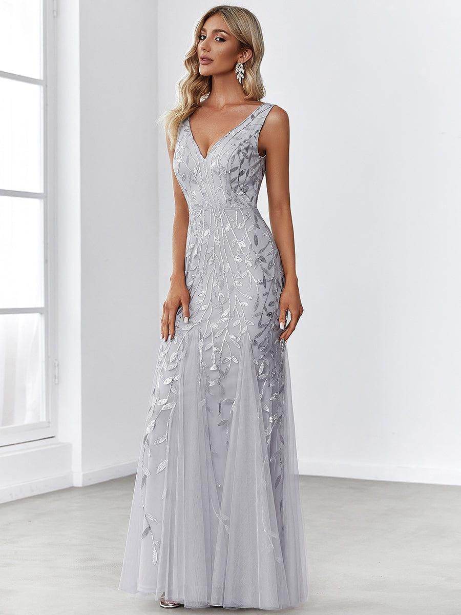 Women's Double V-Neck Fishtail Evening Dress – Sequin Glamour Gown - Biamonde