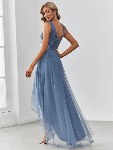 High-Low Dusty Navy Tulle Prom Dress – V-Neck Formal Gown with Elegant Layers - Biamonde