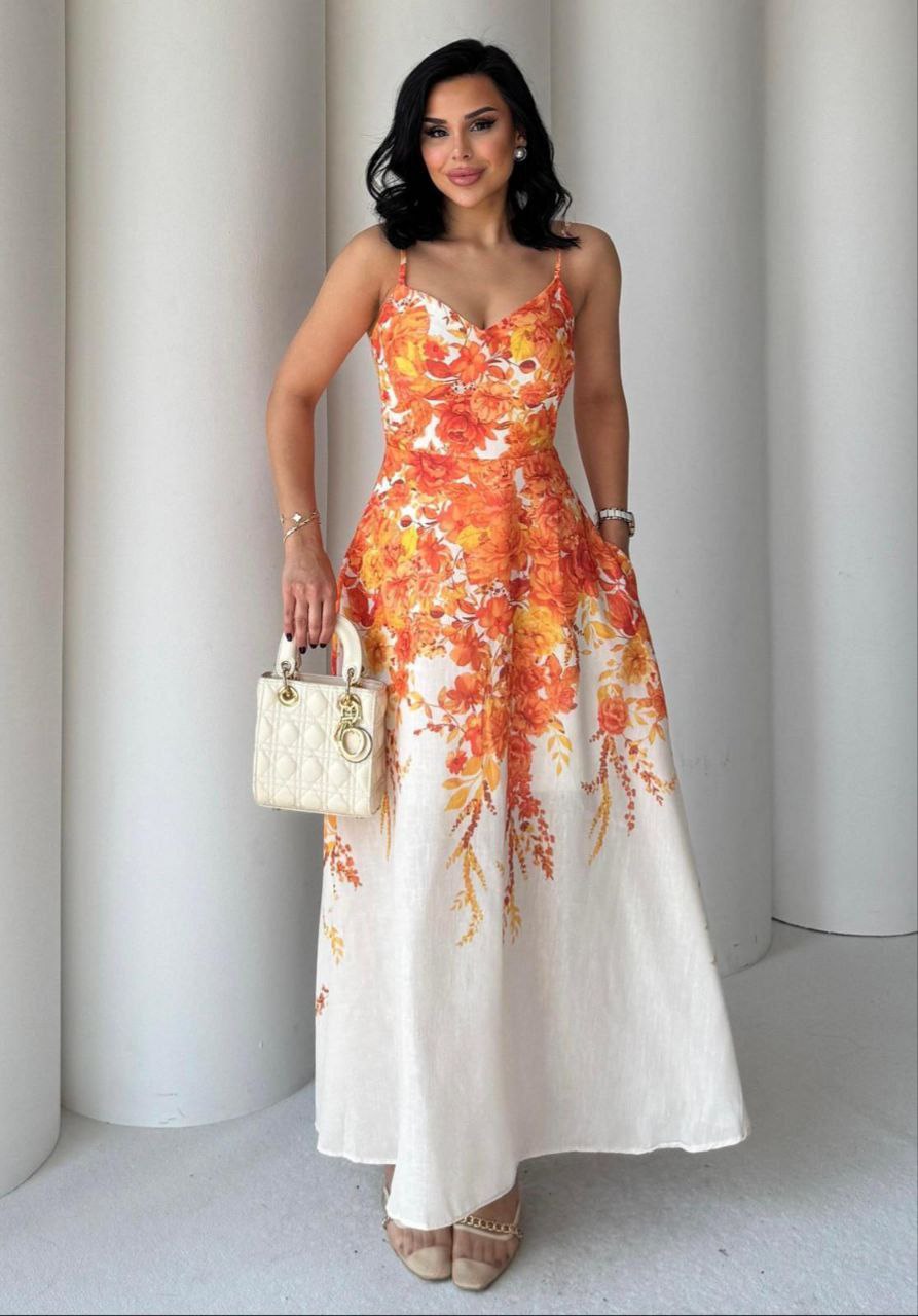 High tide orange cotton midi dress with floral print and side pockets