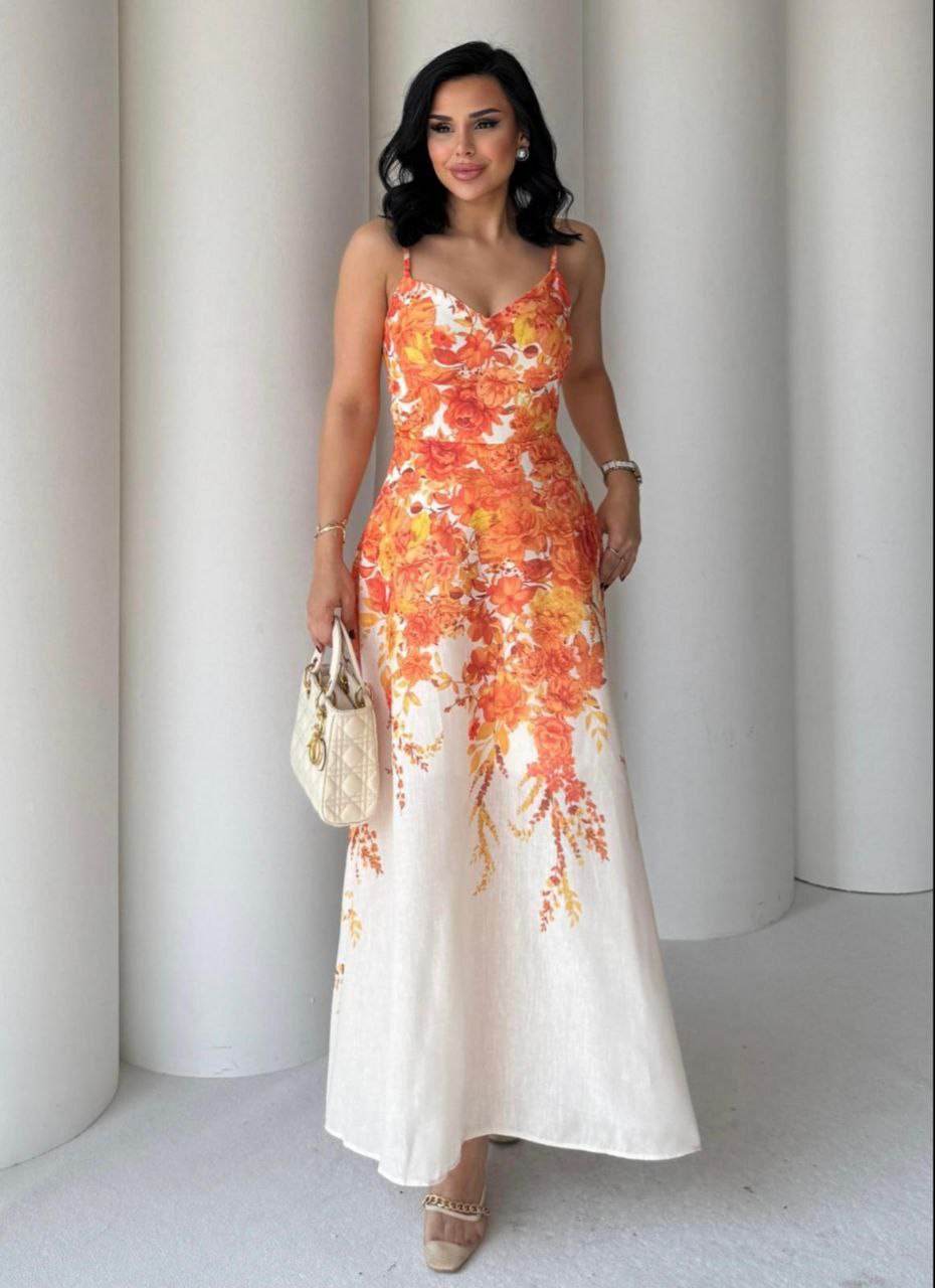 High Tide Floral Print Orange Cotton Midi Dress with Pockets - Biamonde