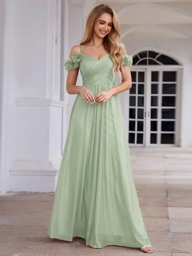 Elegant Off-Shoulder Sequin Dress with Sweetheart Neckline & Floral Embellishments - Biamonde