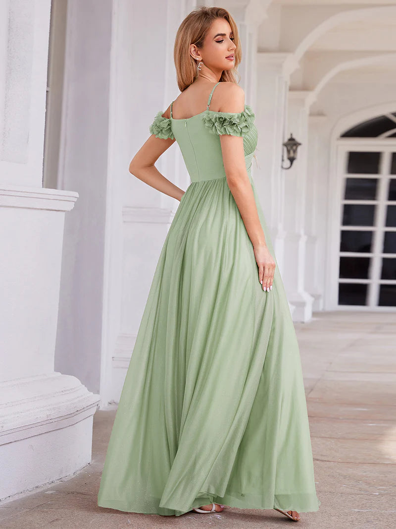Glamorous sequin gown featuring off-the-shoulder sleeves, sweetheart bodice, and floral accents mint green dress