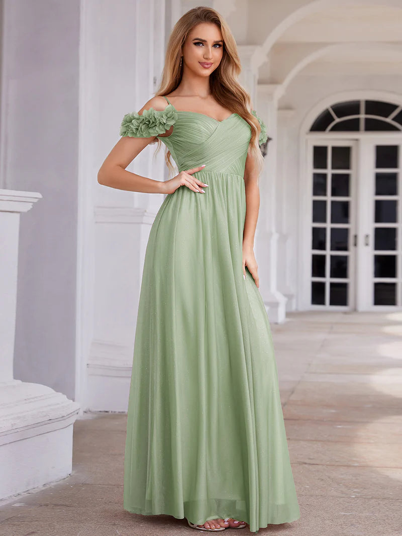 Glamorous sequin gown featuring off-the-shoulder sleeves, sweetheart bodice, and floral accents mint green dress