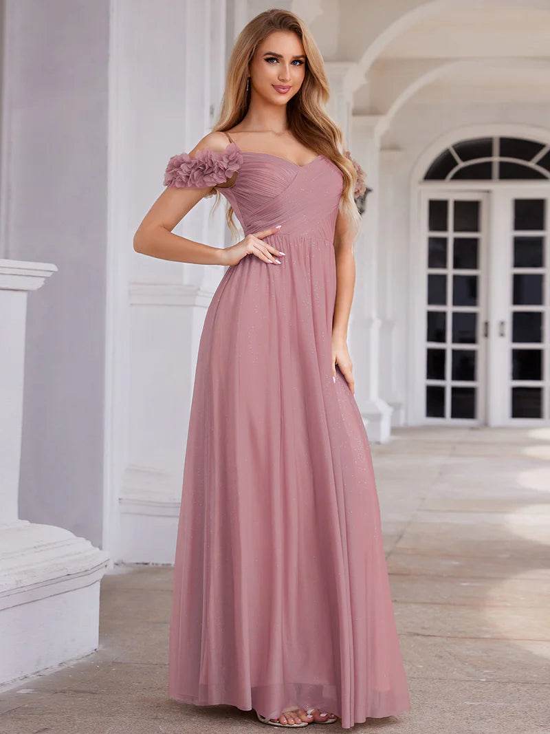Elegant Off-Shoulder Sequin Dress with Sweetheart Neckline & Floral Embellishments - Biamonde