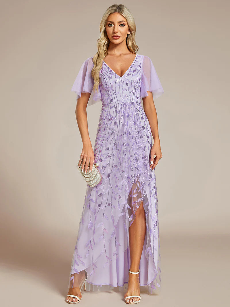 Levender sequin mesh evening dress with V-neck, high-low hem, and short sleeves