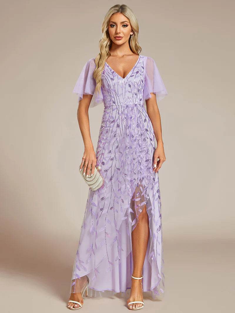 Sequin Mesh High-Low Midi Evening Dress with V-Neck and Short Sleeves - Biamonde