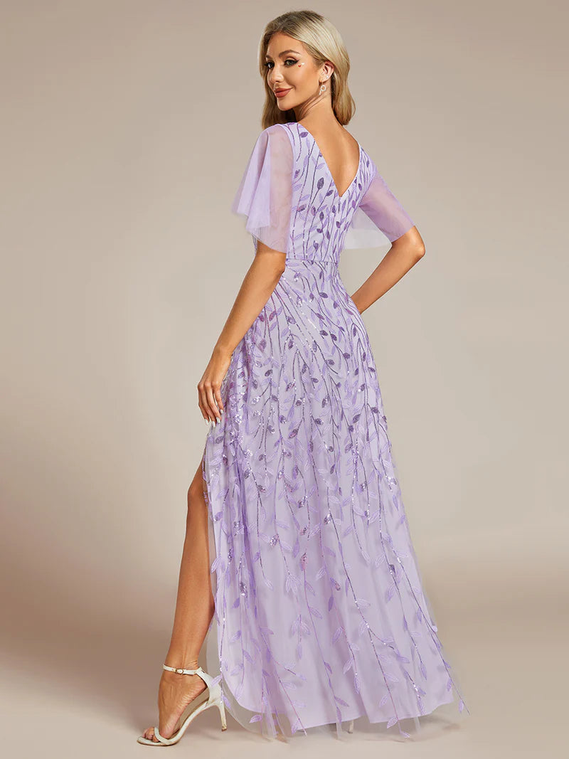 Levender sequin mesh evening dress with V-neck, high-low hem, and short sleeves