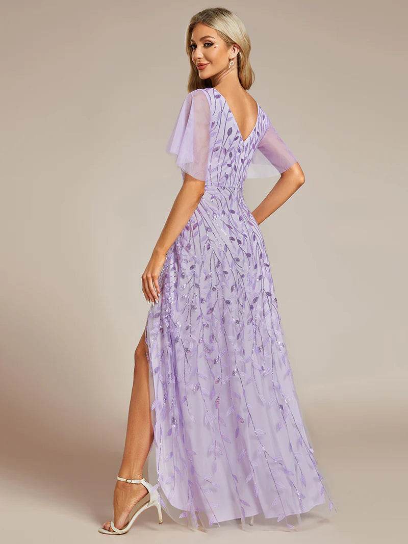 Sequin Mesh High-Low Midi Evening Dress with V-Neck and Short Sleeves - Biamonde