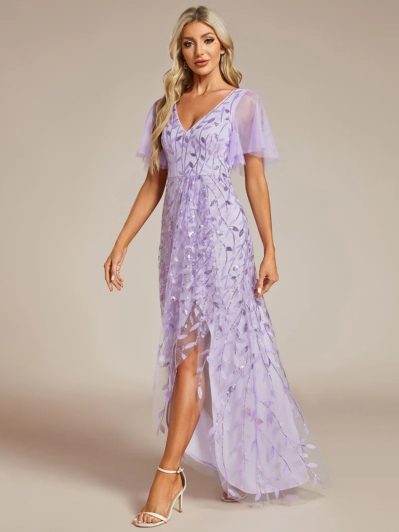 Levender sequin mesh evening dress with V-neck, high-low hem, and short sleeves