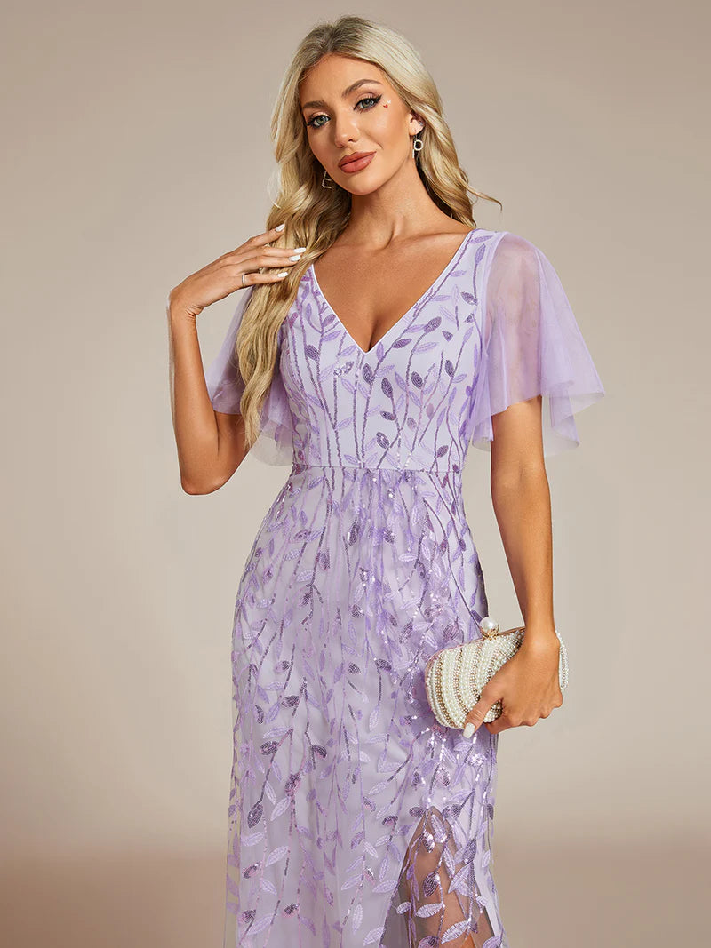 Levender sequin mesh evening dress with V-neck, high-low hem, and short sleeves