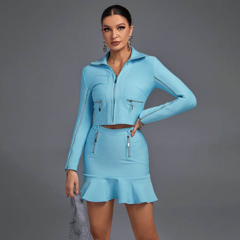 Light Blue V-Neck Bandage Set – Long Sleeve Top with Frill Detail & Matching Skirt - Biamonde