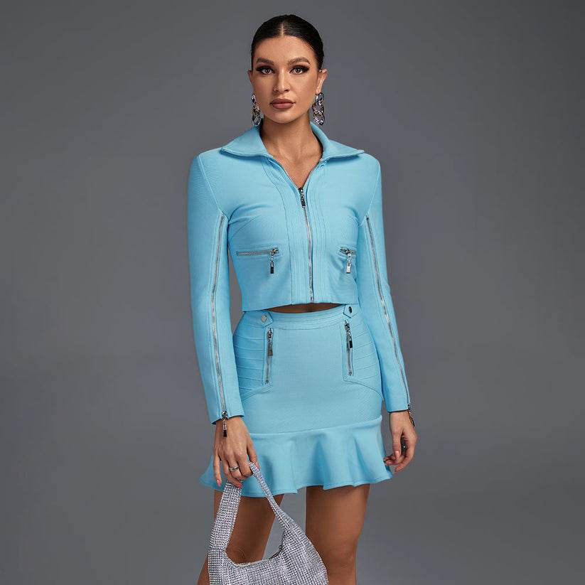 Light Blue V-Neck Bandage Set – Long Sleeve Top with Frill Detail & Matching Skirt - Biamonde
