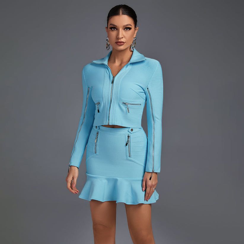 Light blue V-neck bandage set – long sleeve top with frill detail and matching skirt