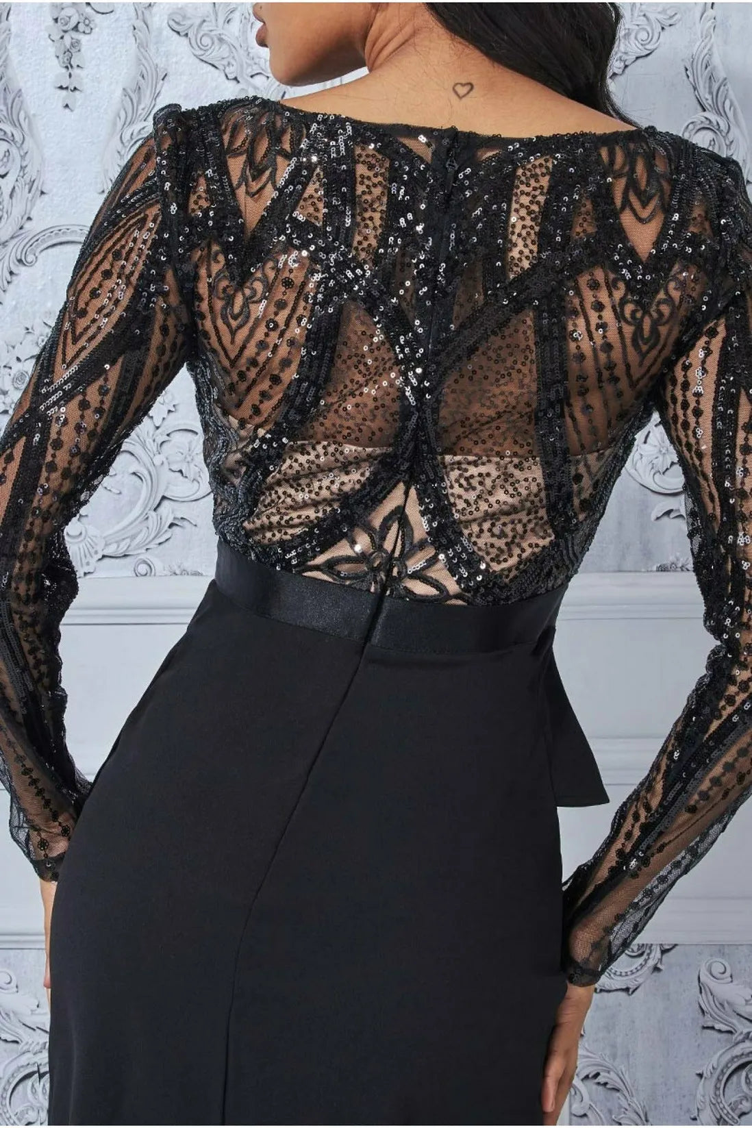Sequin Bodice With Front Frill Midi Black Dress
