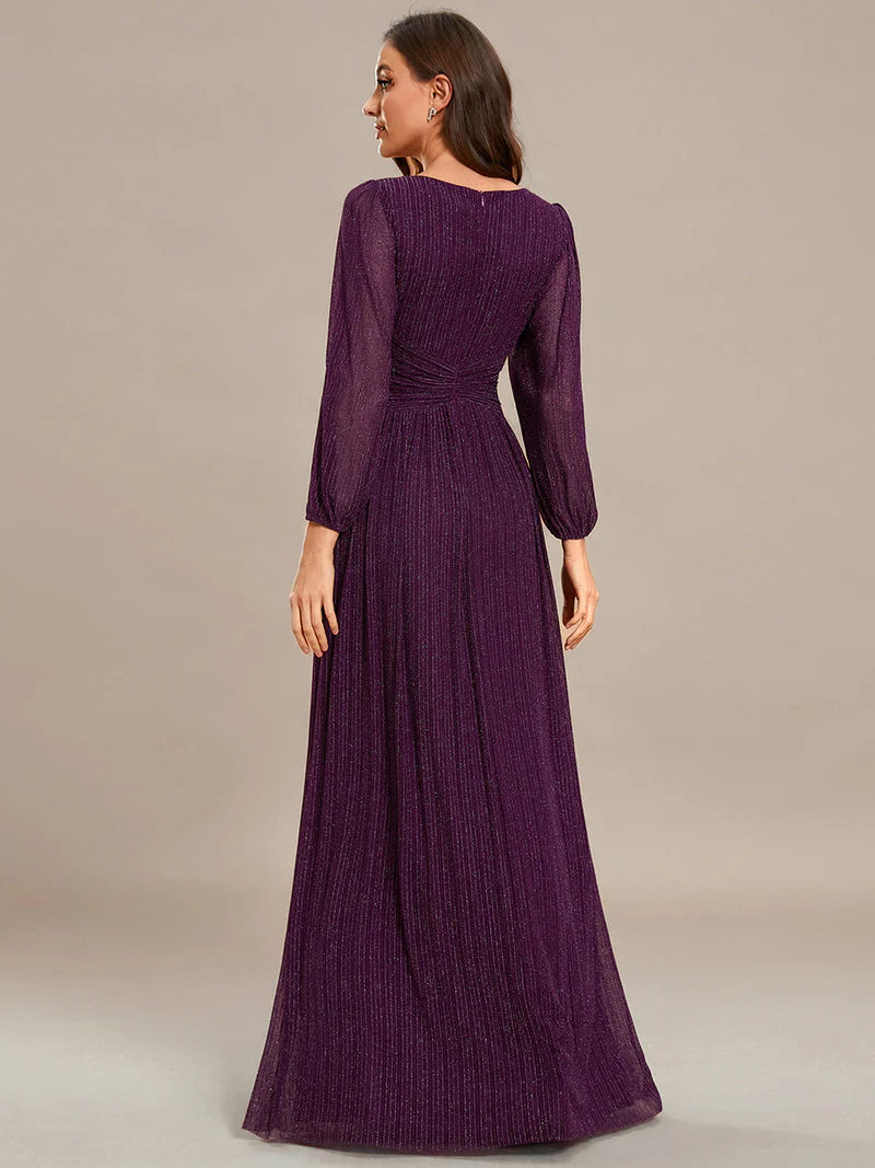 Elegant maxi chiffon evening dress Purple Wisteria with V-neckline, long sleeves, and fitted waist