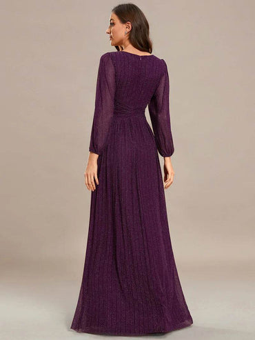 Maxi Chiffon Evening Dress with V-Neck, Long Sleeves & Fitted Waist - Biamonde
