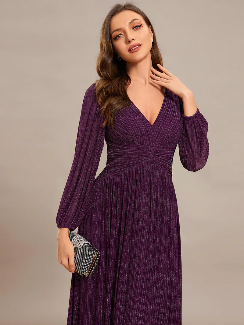 Elegant maxi chiffon evening dress Purple Wisteria with V-neckline, long sleeves, and fitted waist