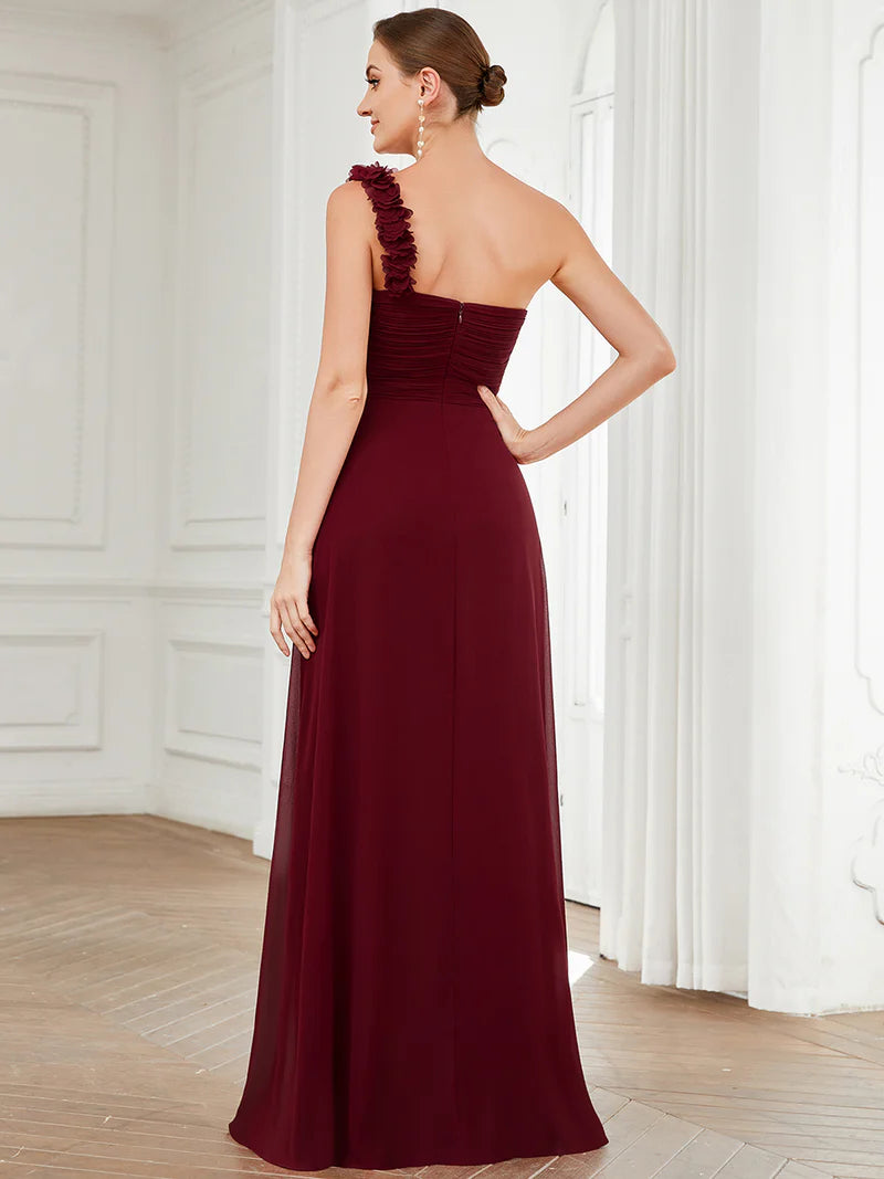 Elegant one-shoulder chiffon burgundy bridesmaid dress with floor-length maxi silhouette