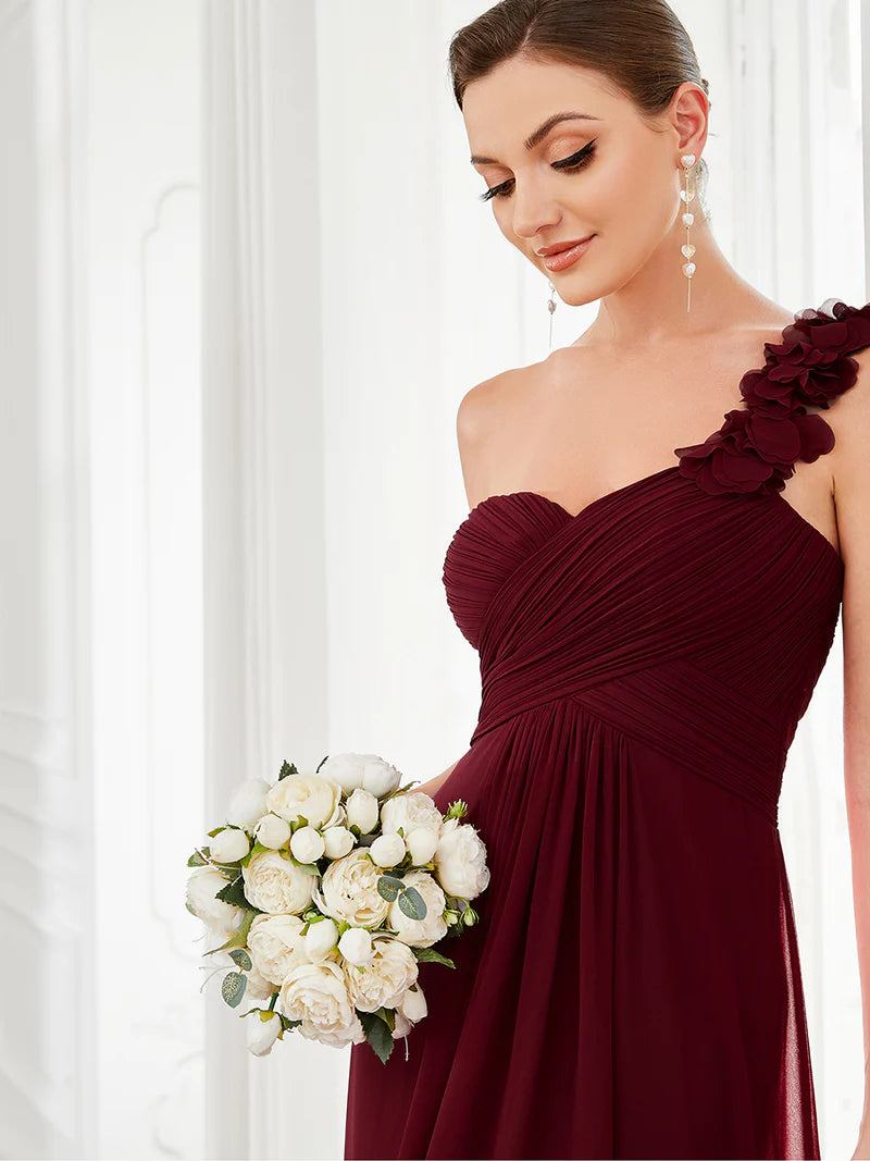 Elegant one-shoulder chiffon burgundy bridesmaid dress with floor-length maxi silhouette