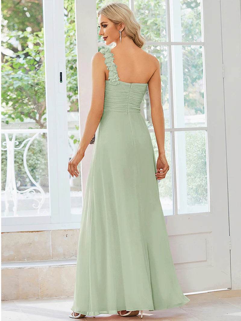 Maxi One-Shoulder Chiffon Bridesmaid Dress – Elegant Floor-Length Gown - Biamonde