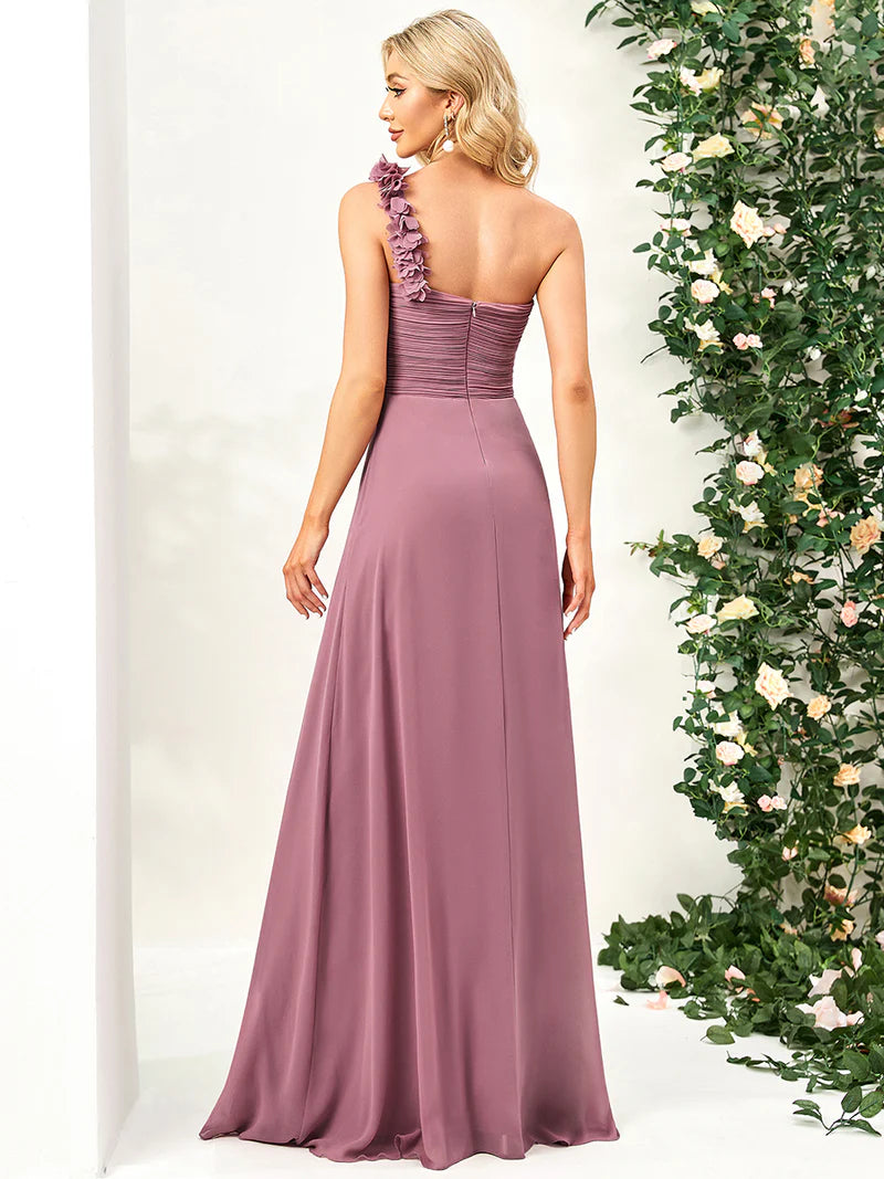 Elegant one-shoulder chiffon orchid bridesmaid dress with floor-length maxi silhouette