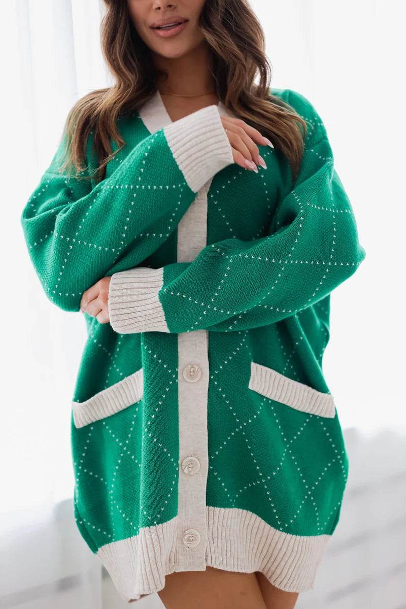Milan Caramel Rhombus Knit Cardigan – Cozy Elegance with a Geometric Twist - Biamonde