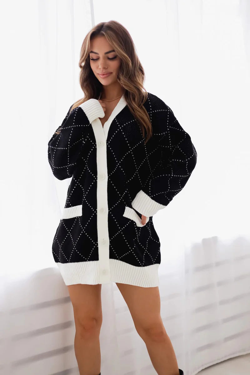 Milan caramel rhombus knit cardigan, cozy elegance with a geometric twist