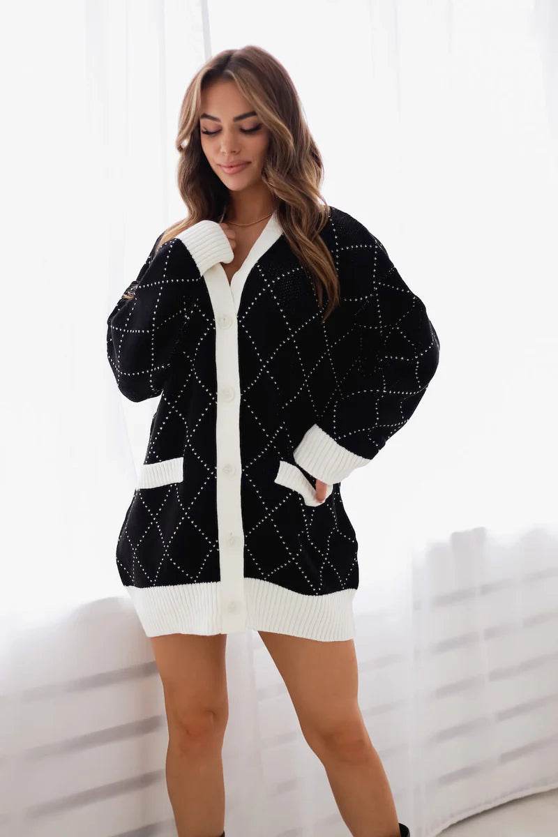 Milan Caramel Rhombus Knit Cardigan – Cozy Elegance with a Geometric Twist - Biamonde