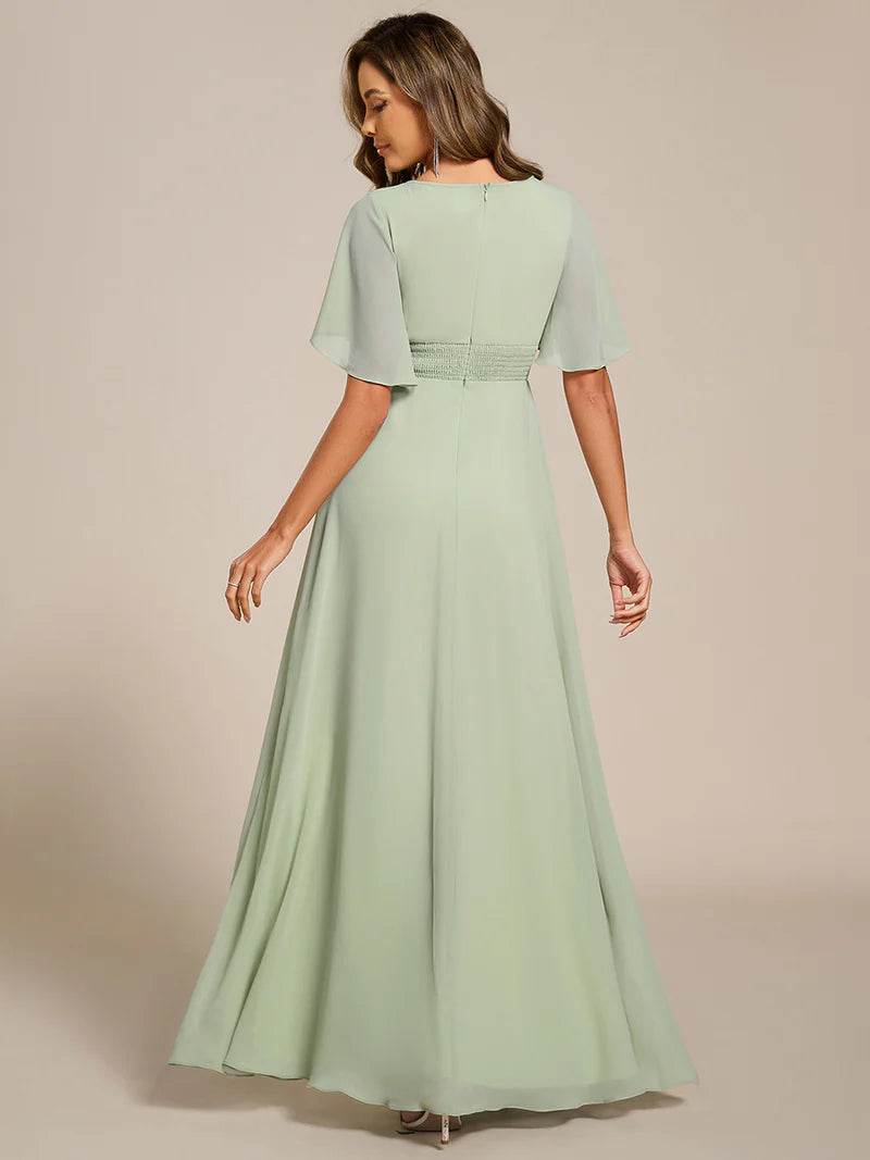 A-Line Floor-Length Evening Dress with Short Sleeves and Applique - Biamonde