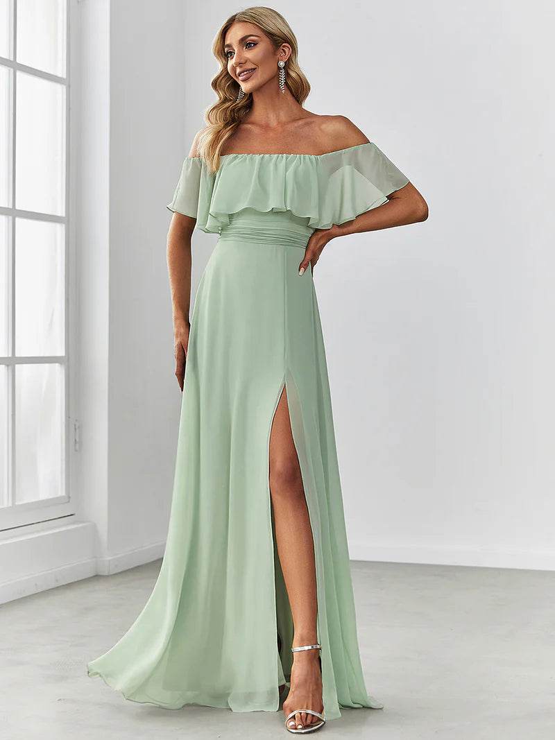 Off-the-Shoulder Bridesmaid Dress – Ruffled with Thigh Split - Biamonde