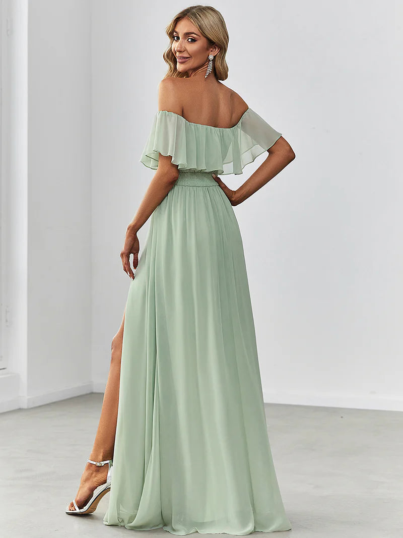 Mint green Off-the-shoulder bridesmaid dress with ruffles and a thigh-high slit