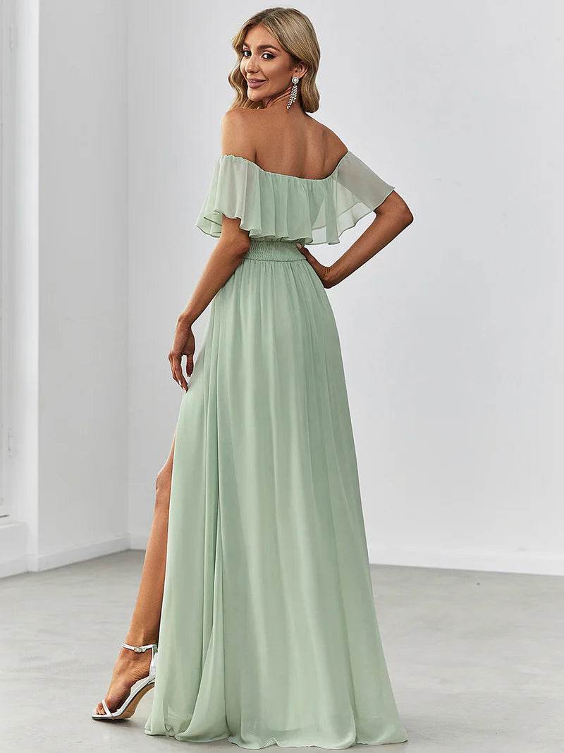 Off-the-Shoulder Bridesmaid Dress – Ruffled with Thigh Split - Biamonde