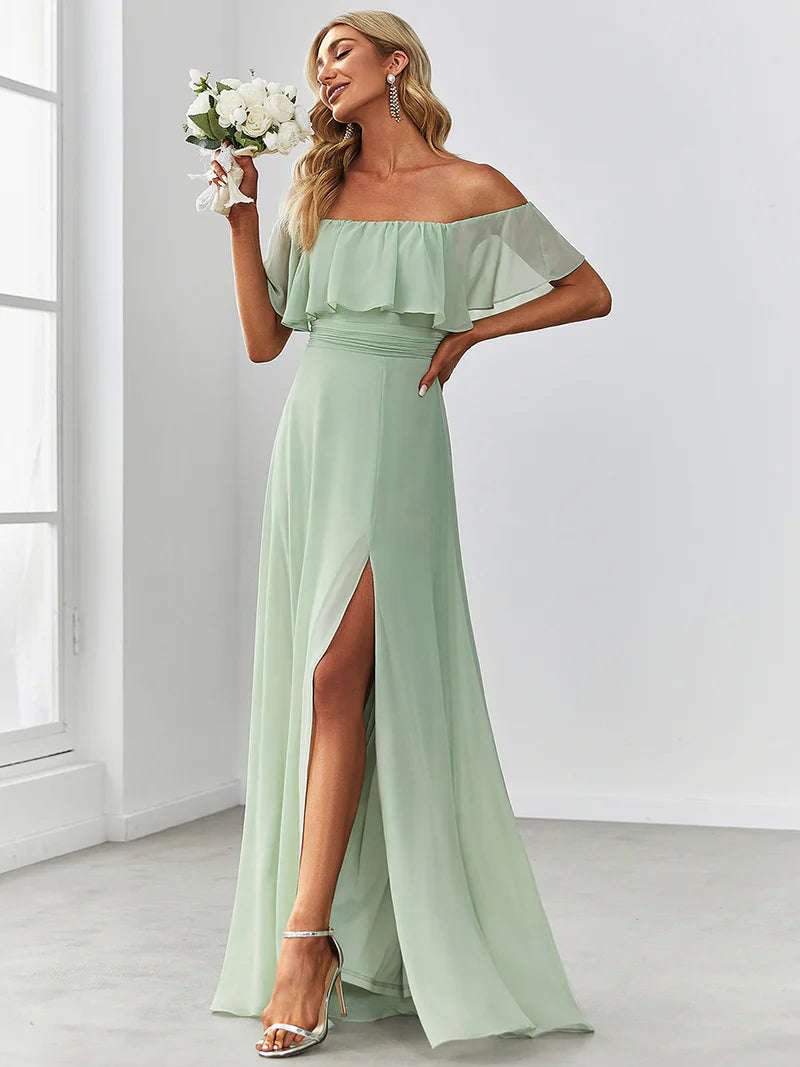 Mint green Off-the-shoulder bridesmaid dress with ruffles and a thigh-high slit