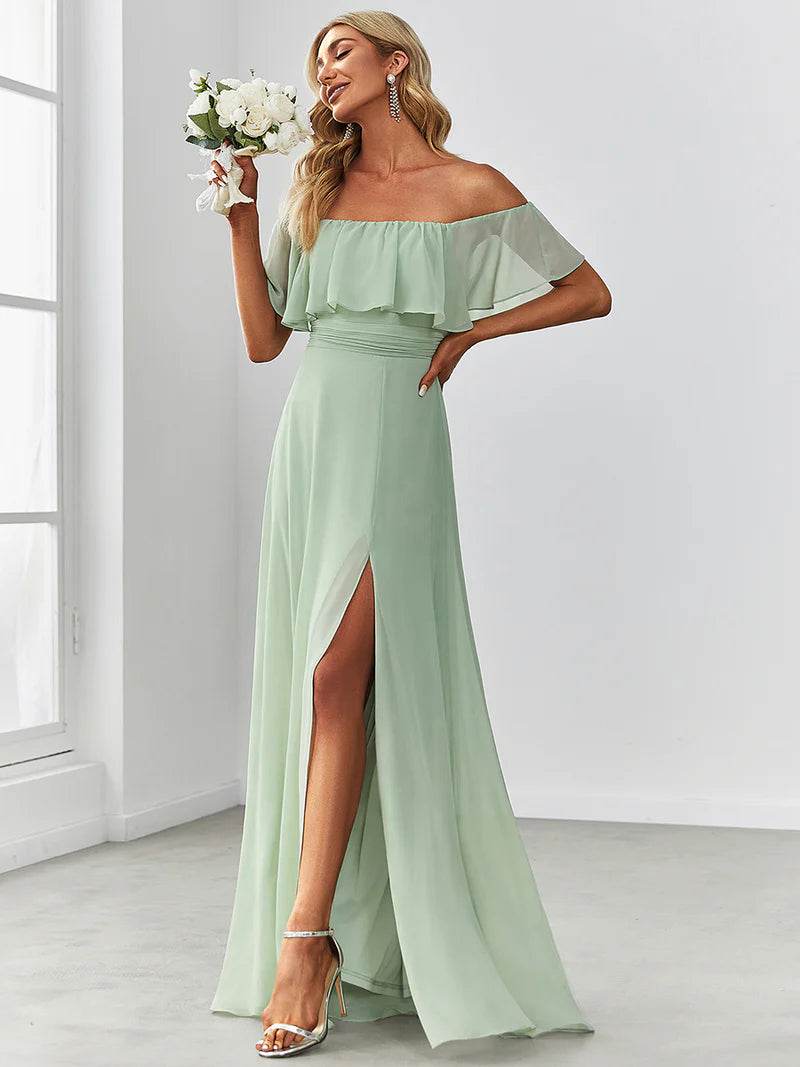 Off-the-Shoulder Bridesmaid Dress – Ruffled with Thigh Split - Biamonde