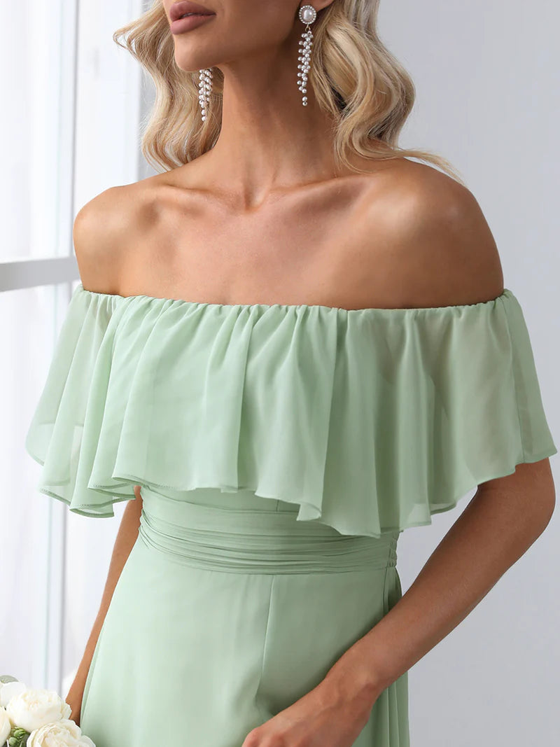 Mint green Off-the-shoulder bridesmaid dress with ruffles and a thigh-high slit