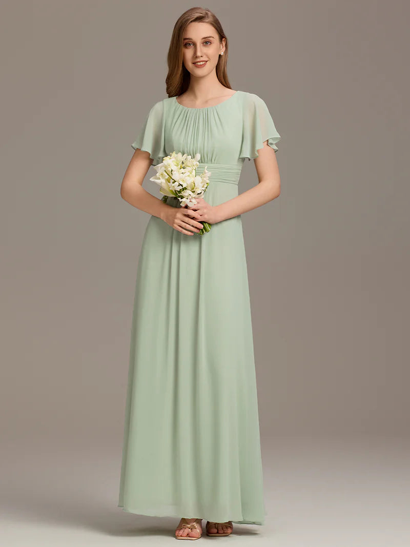 Round neck mint green bridesmaid gown in a pleated design for elegant wedding looks